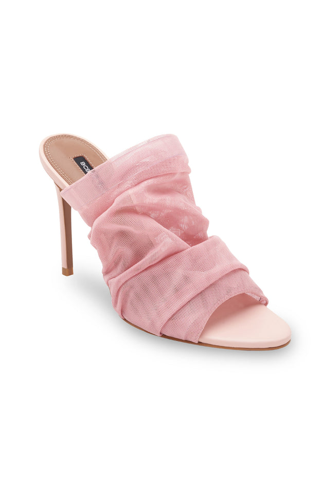 SARANI BLUSH RUCHED MESH WIDE BAND HEEL — US 8 — Size blush mesh — Front View