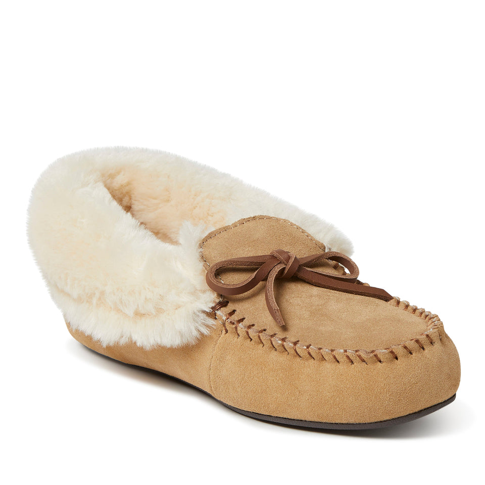 Dearfoams Women's Genuine Suede Foldover Moc with Tie — US 8 — Size black — Width Regular — Lifestyle View