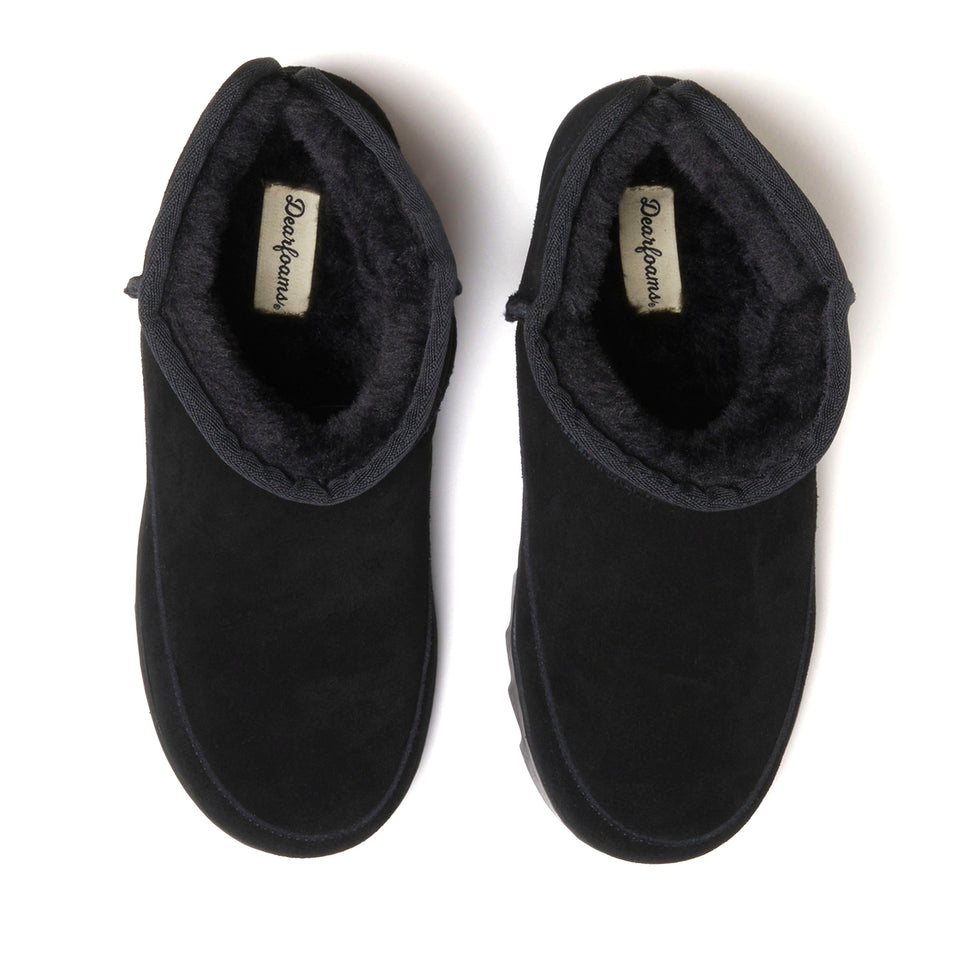 Dearfoams Women's Gretchen Genuine Suede Mini Bootie — US 6 — Size black — Width Regular — Top View